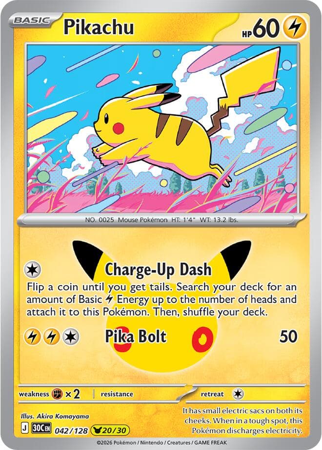 Pikachu #042/128 — ME: 30th Celebration, complete card face