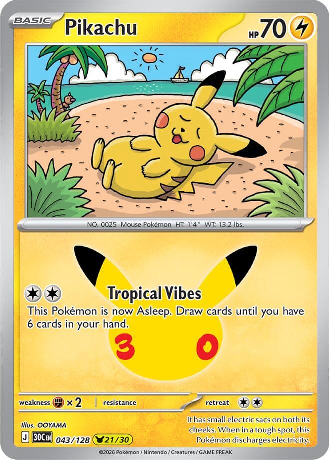 Pikachu #043/128 — ME: 30th Celebration, complete card face