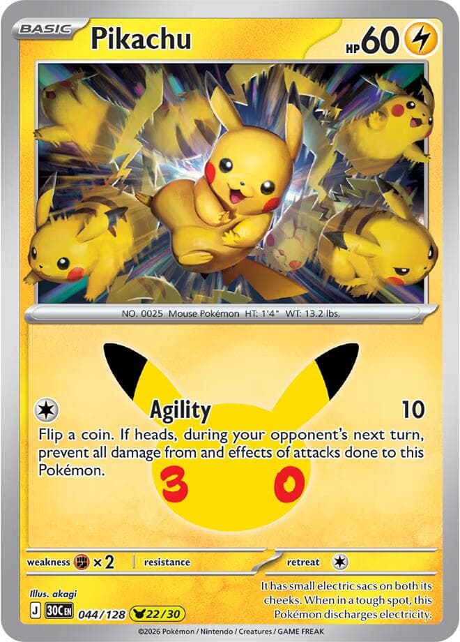 Pikachu #044/128 — ME: 30th Celebration, complete card face