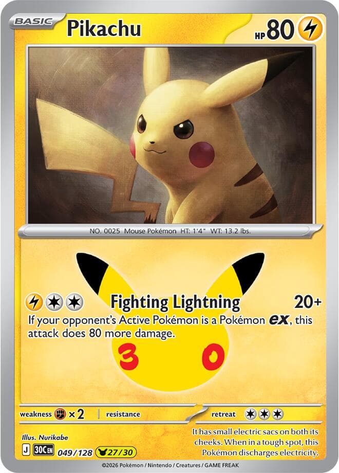 Pikachu #049/128 — ME: 30th Celebration, complete card face