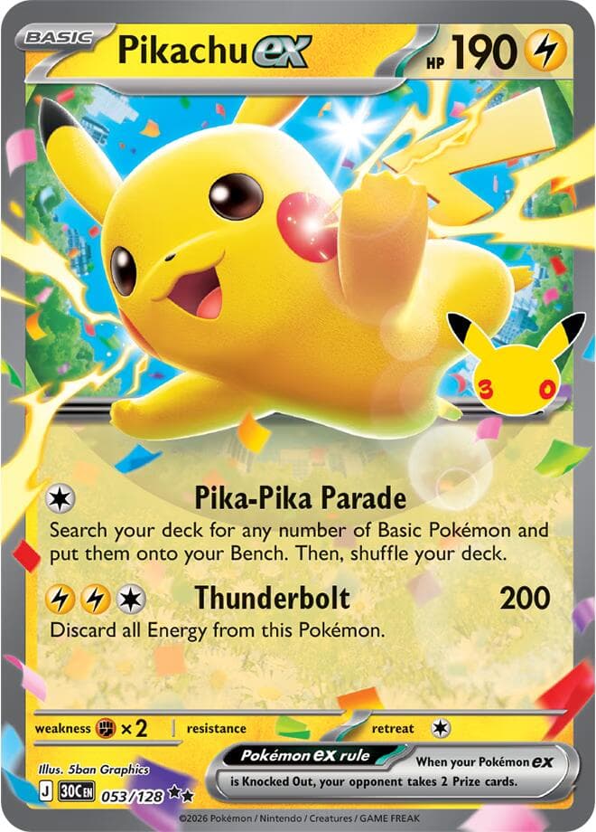 Pikachu ex #053/128 — ME: 30th Celebration, complete card face