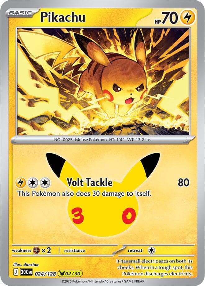 Pikachu #024/128 — ME: 30th Celebration, complete card face
