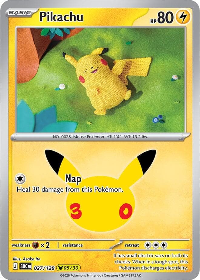 Pikachu #027/128 — ME: 30th Celebration, complete card face