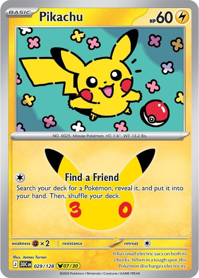 Pikachu #029/128 — ME: 30th Celebration, complete card face