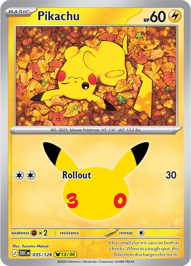 Pikachu #035/128 — ME: 30th Celebration, complete card face