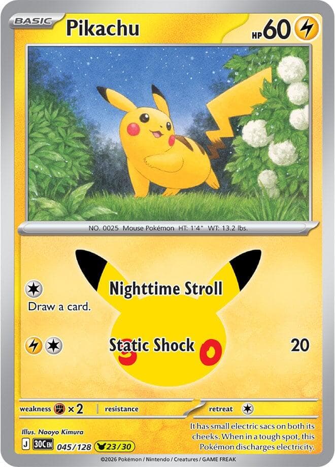 Pikachu #045/128 — ME: 30th Celebration, complete card face