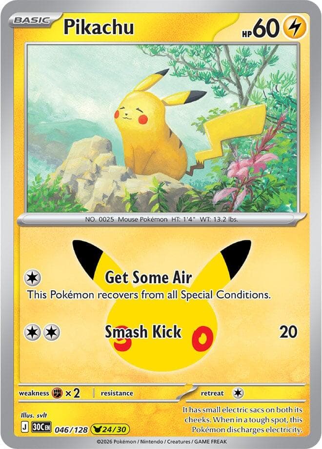 Pikachu #046/128 — ME: 30th Celebration, complete card face