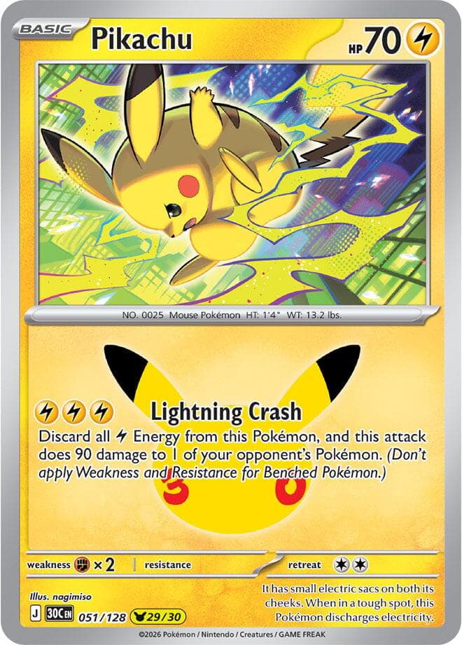 Pikachu #051/128 — ME: 30th Celebration, complete card face