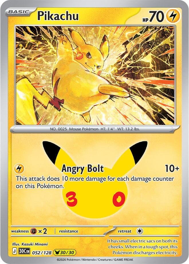 Pikachu #052/128 — ME: 30th Celebration, complete card face