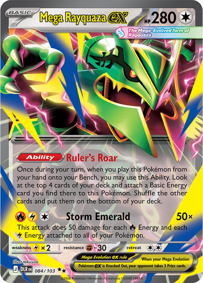 Mega Rayquaza ex, 084/103, 280 HP, with the Ruler's Roar Ability and the Storm Emerald attack