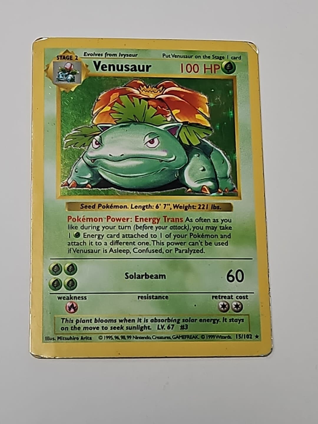 Pokémon TCG Venusaur 15/102 Base Set Holo Shadowless Rare Card Poor Condition