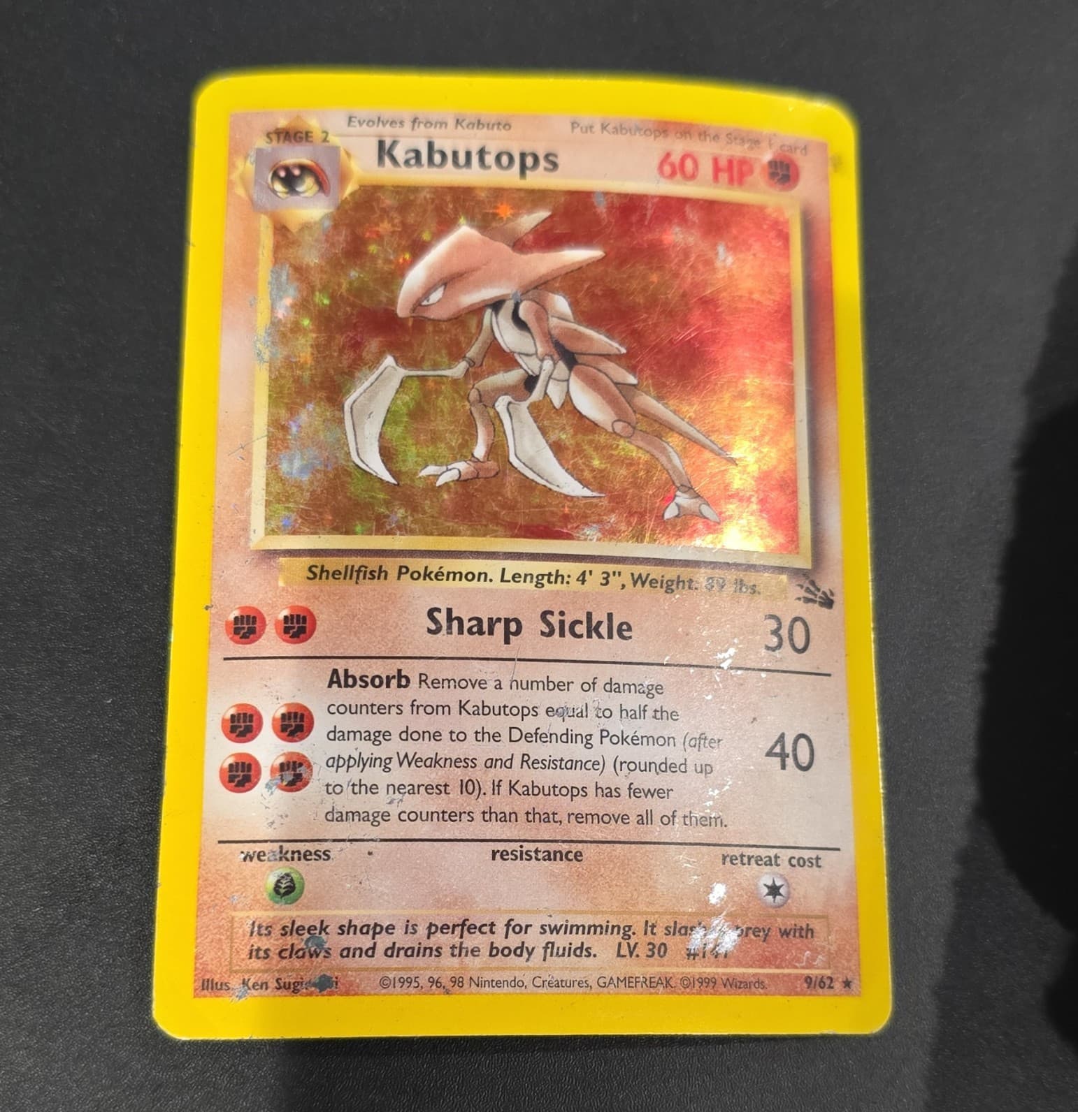 Pokémon Kabutops Fossil 9/62 Holo Rare Unlimited 60 HP English 1999 Wizards