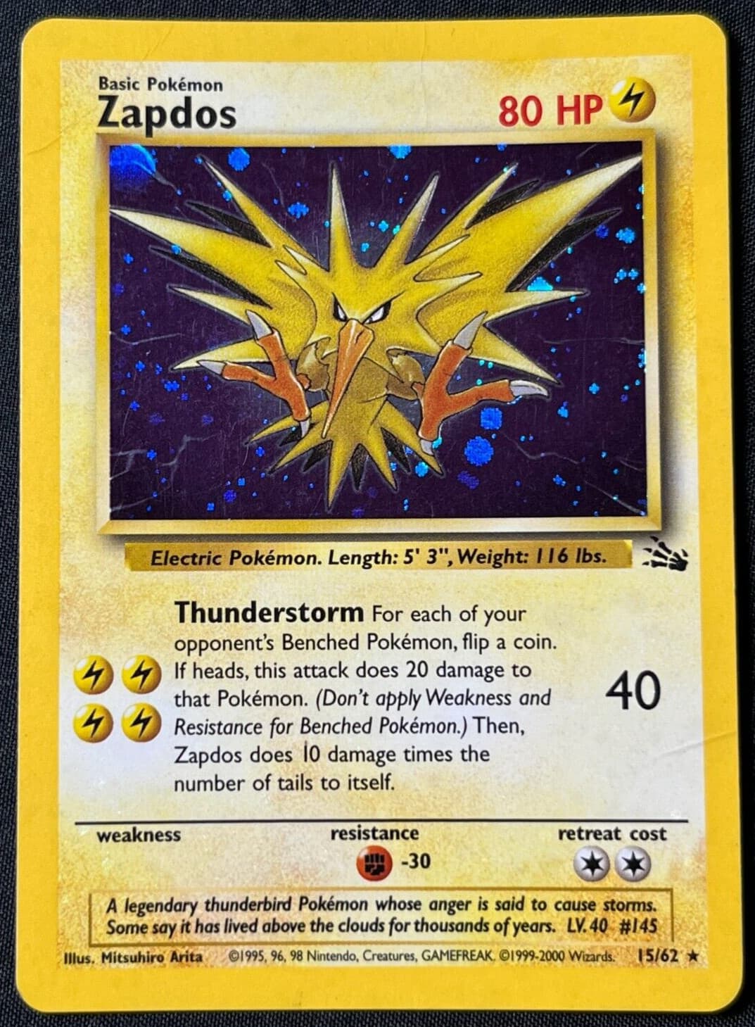 Pokémon 2000 Zapdos Thunderstorm Deck Cosmos Holo Fossil 15/62 Rare MP