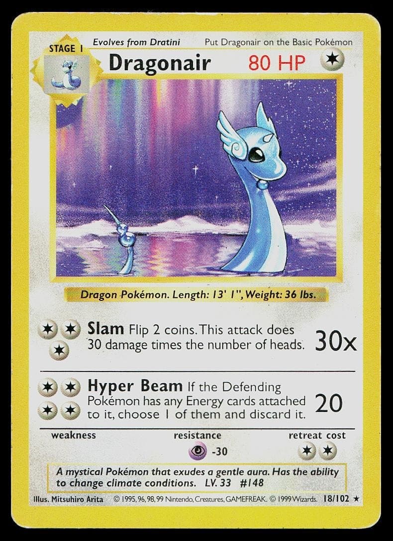 Pokemon Card Base Set Shadowless Dragonair 18/102 Unlimited Rare
