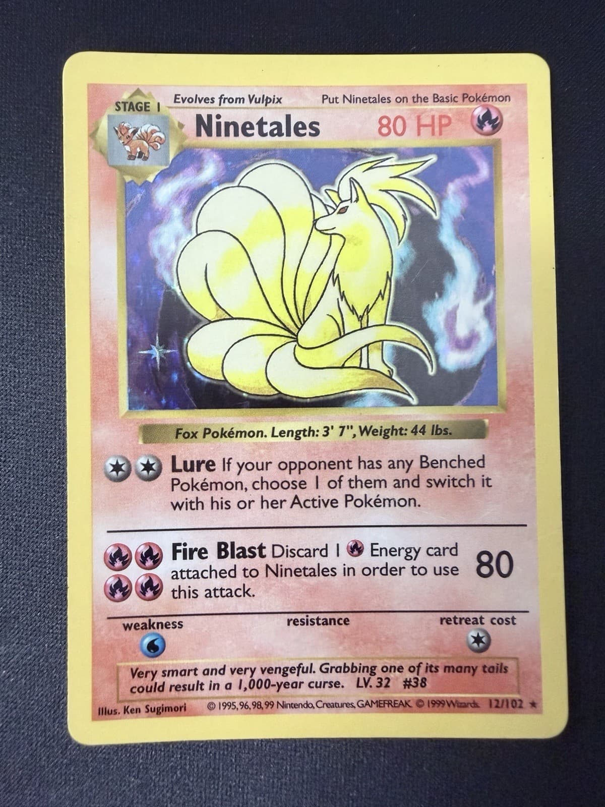 Pokemon TCG Ninetales 12/102 Base Set Shadowless Black Flame Holo Rare WOTC 1999