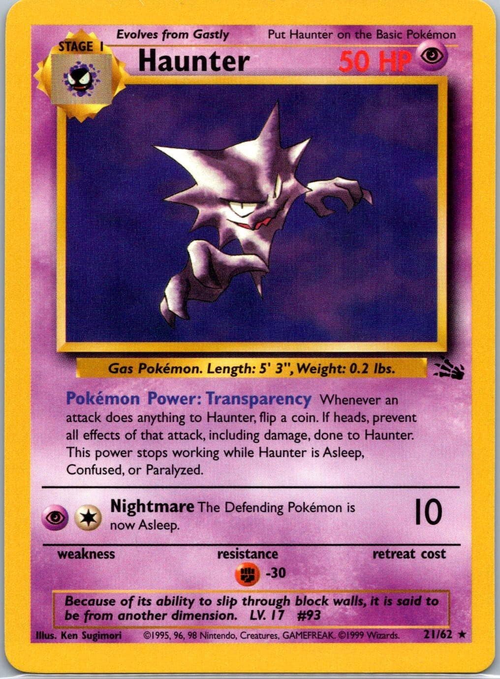 Haunter 21/62 Rare Fossil Pokemon Unlimited Near Mint