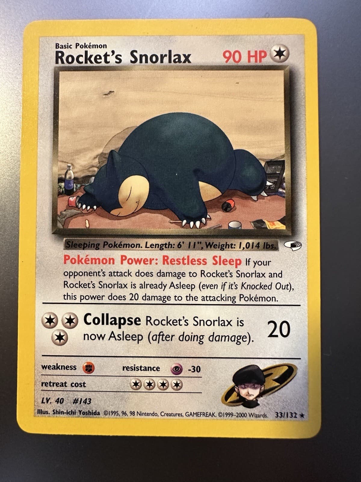 Rocket’s Snorlax 33/132 LP -Vintage Rare Pokemon Card- Gym Heroes (8q)