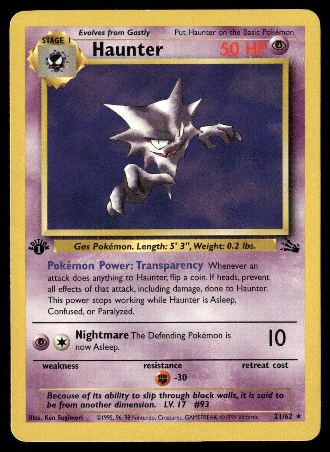 Haunter 21/62 Rare Fossil Pokemon 1st Edition LP
