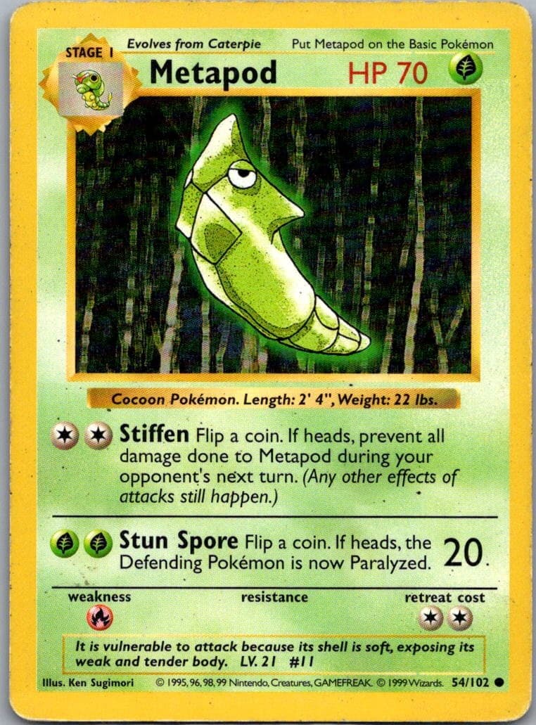 Metapod 54/102 Base Set Shadowless Common Unlimited Pokemon