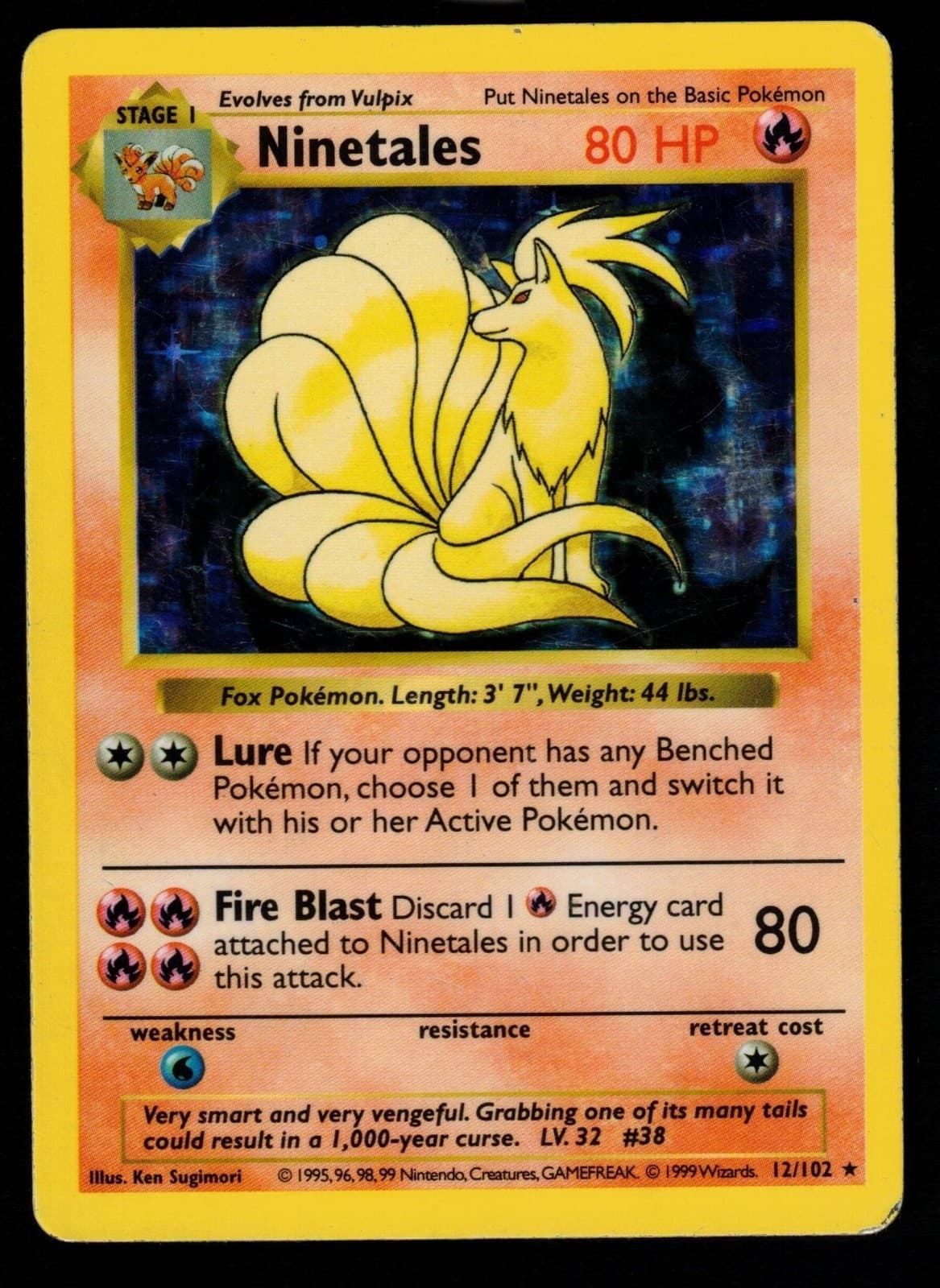 Pokemon Card: Ninetales HOLO 12/102 Base Set Shadowless Black Flame Rare! GD