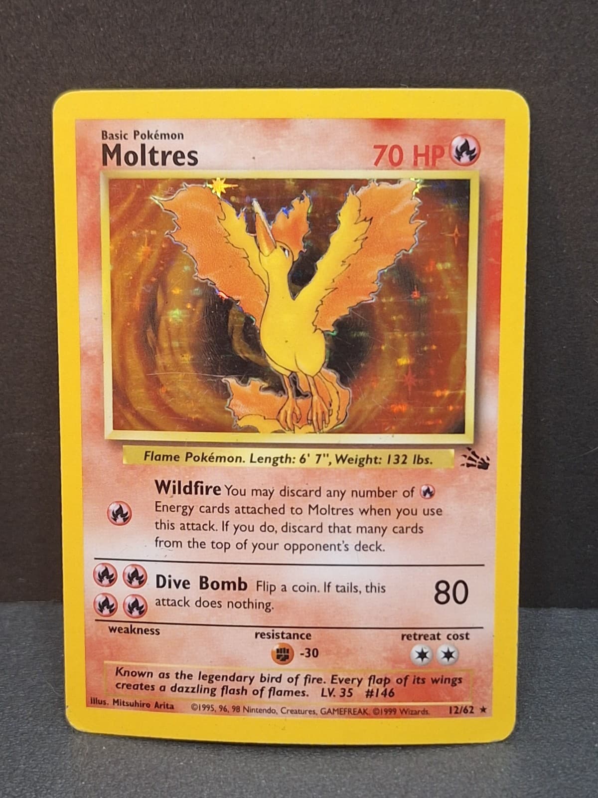 Holo Moltres Fossil Pokémon TCG Rare Unlimited Card 12/62 70 HP Arita VTG 1999