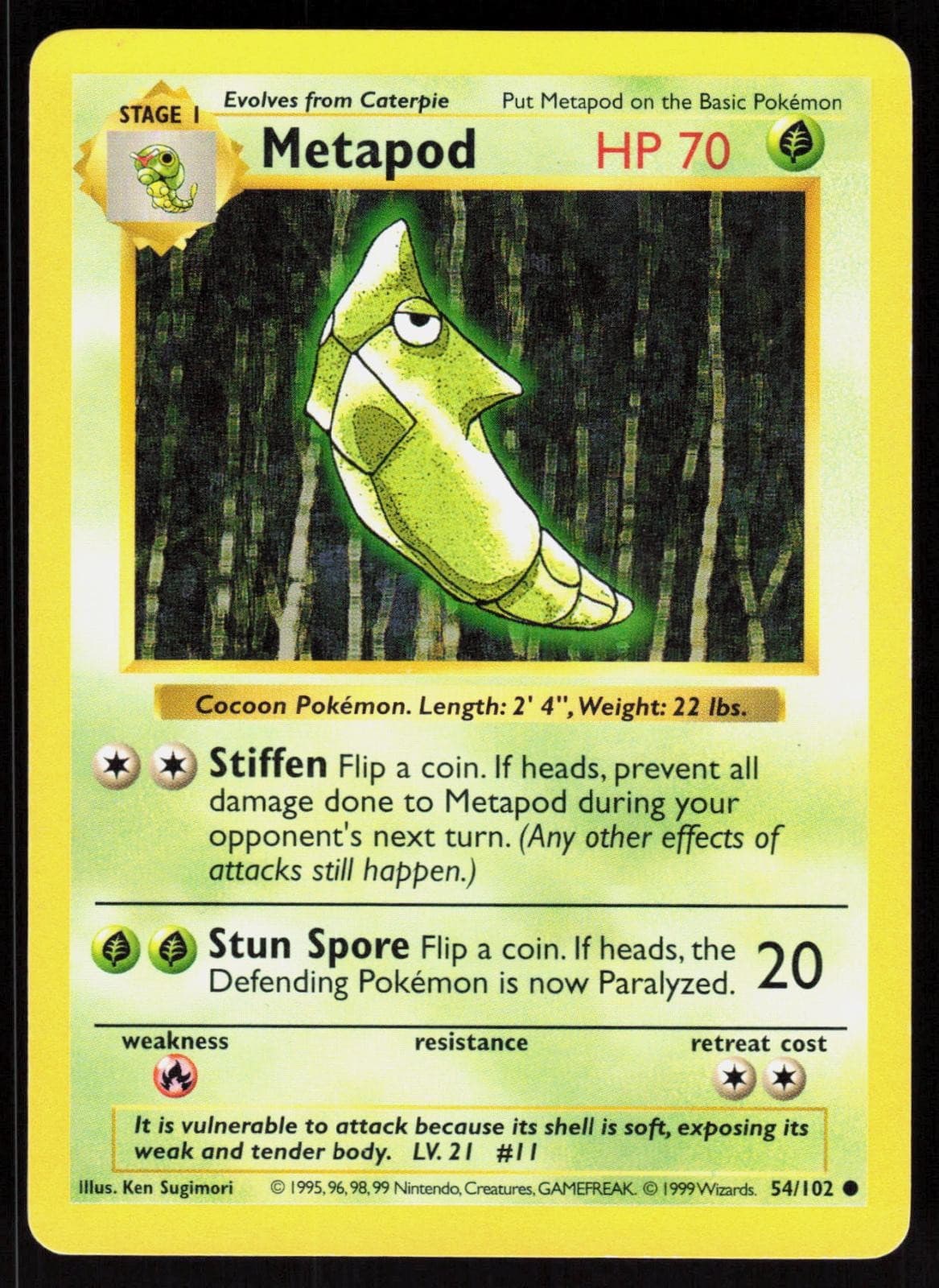 Metapod 54/102 Common Base Set Shadowless Pokemon Unlimited MP 01-01-71