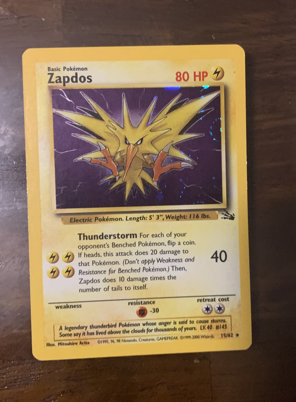 Zapdos - Fossil Set - 15/62 - Holo Foil Rare - Pokemon Card - LP