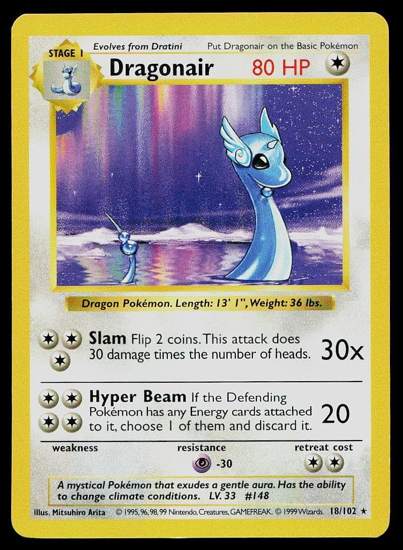 Pokemon Card Base Set Shadowless Dragonair 18/102 Unlimited Rare