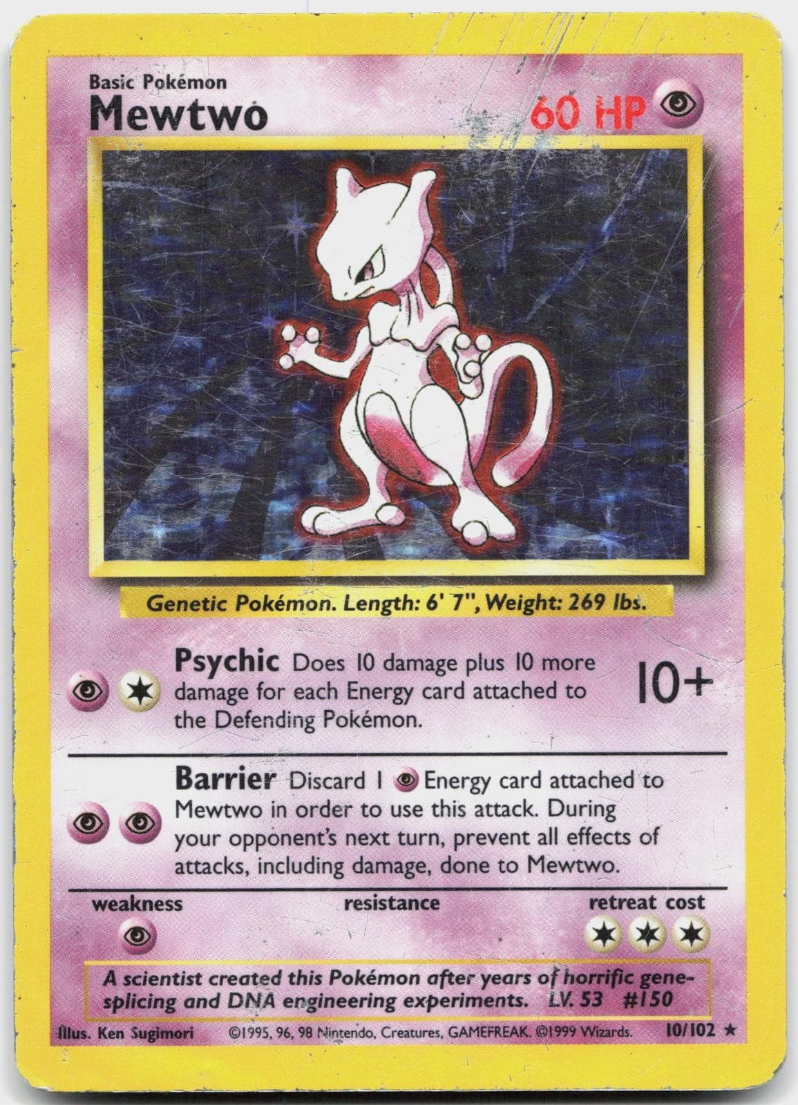 Mewtwo 10/102 Holo Holo Rare Base Set Unlimited Pokemon Heavily Played