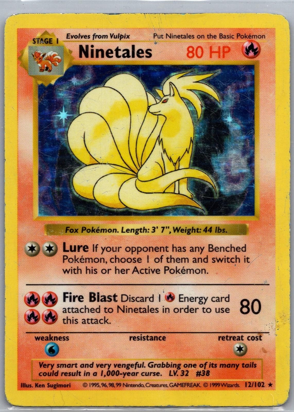 Ninetales 12/102 Holo Rare Base Set Shadowless Pokemon Unlimited Holo MP