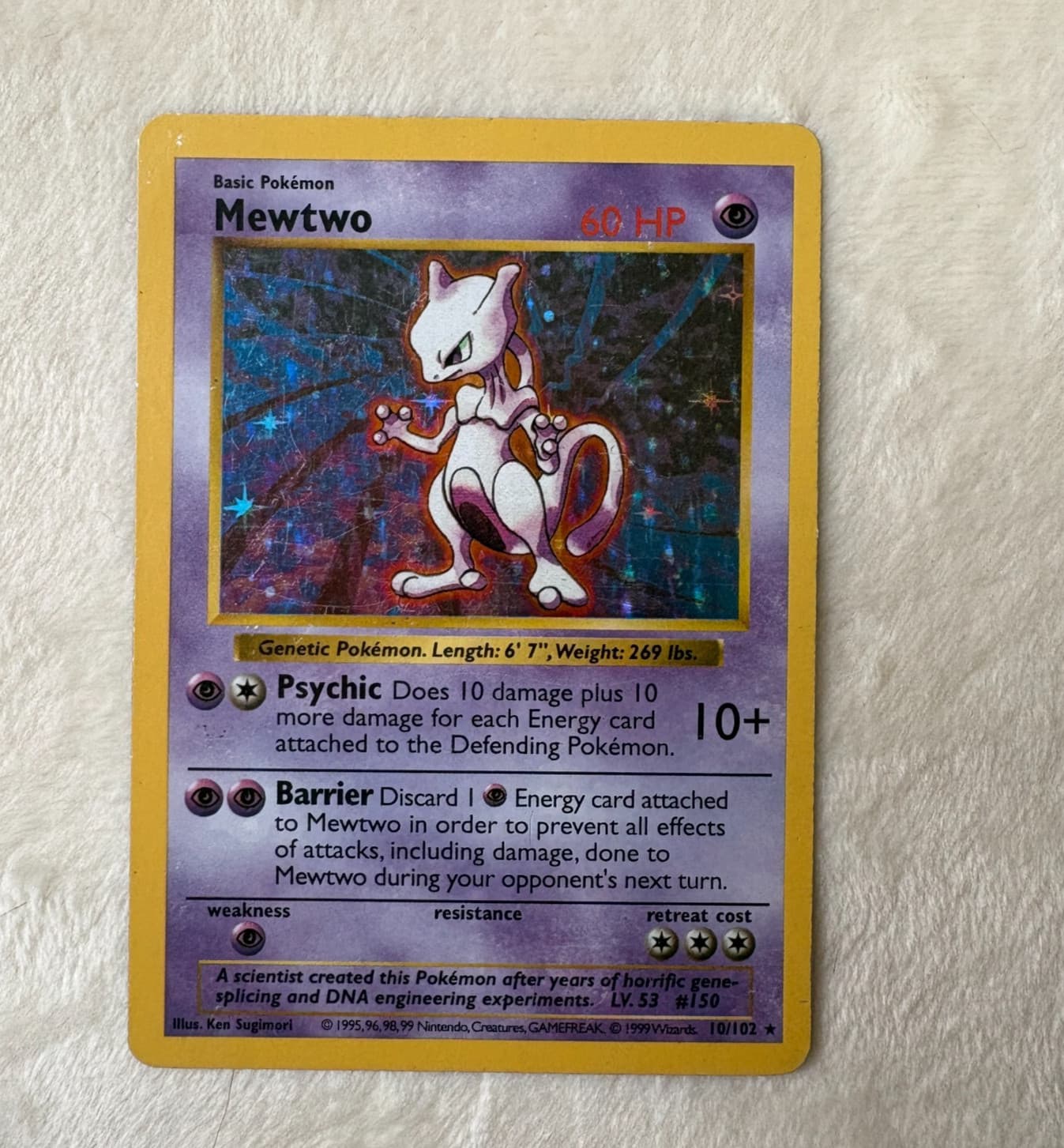 MEWTWO #10/102 Base Set Shadowless Vintage Pokémon Card WOTC 1999 HP No Creases