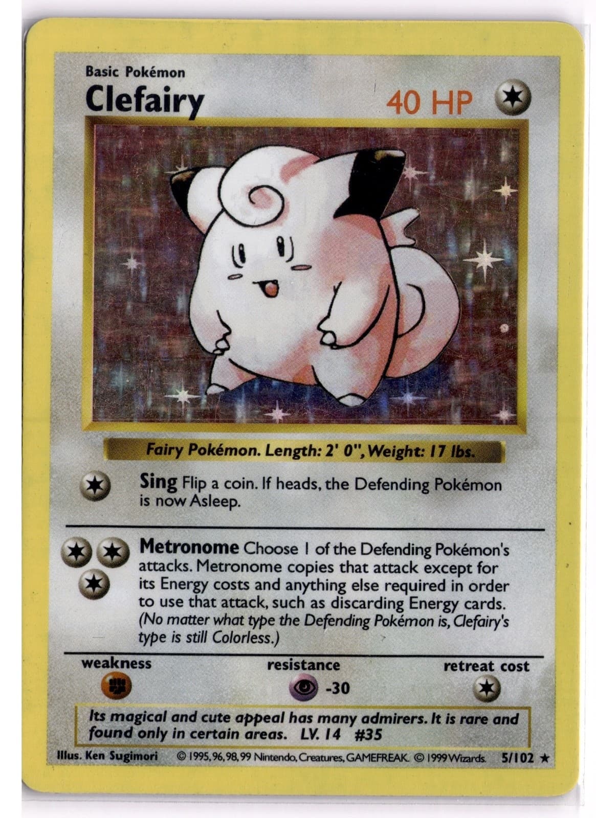 Clefairy Holo Rare Base Set (Shadowless) Unlimited Holo 005/102 1999 MP