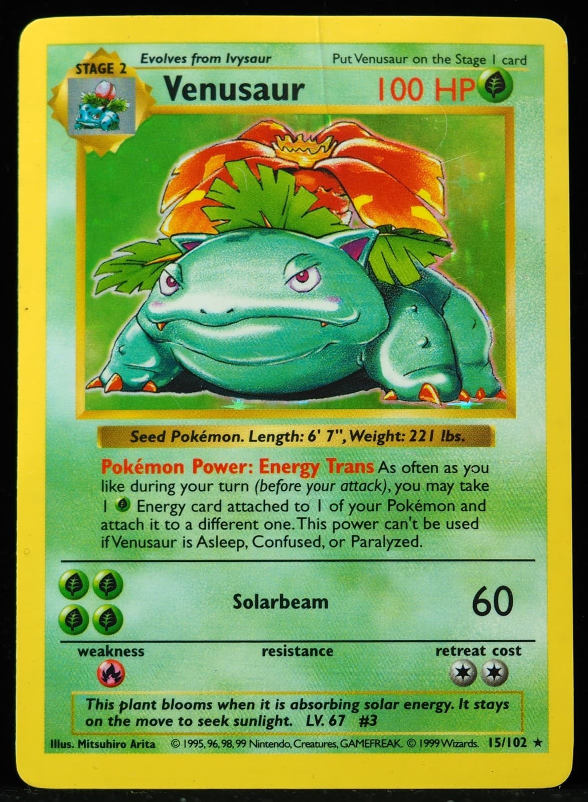 Venusaur #15/102 Base Set Shadowless LP- Crease Pokemon Card