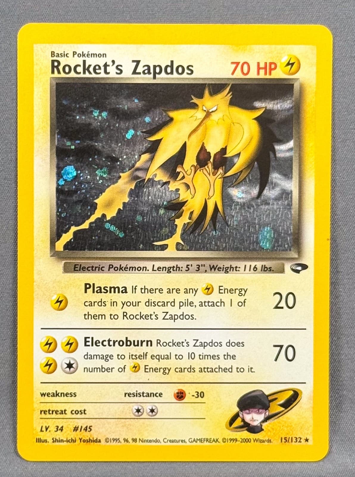LP- Holo Rockets Zapdos 15/132 Gym Challenge Pokémon 2009 Red Dot Printer Hickey