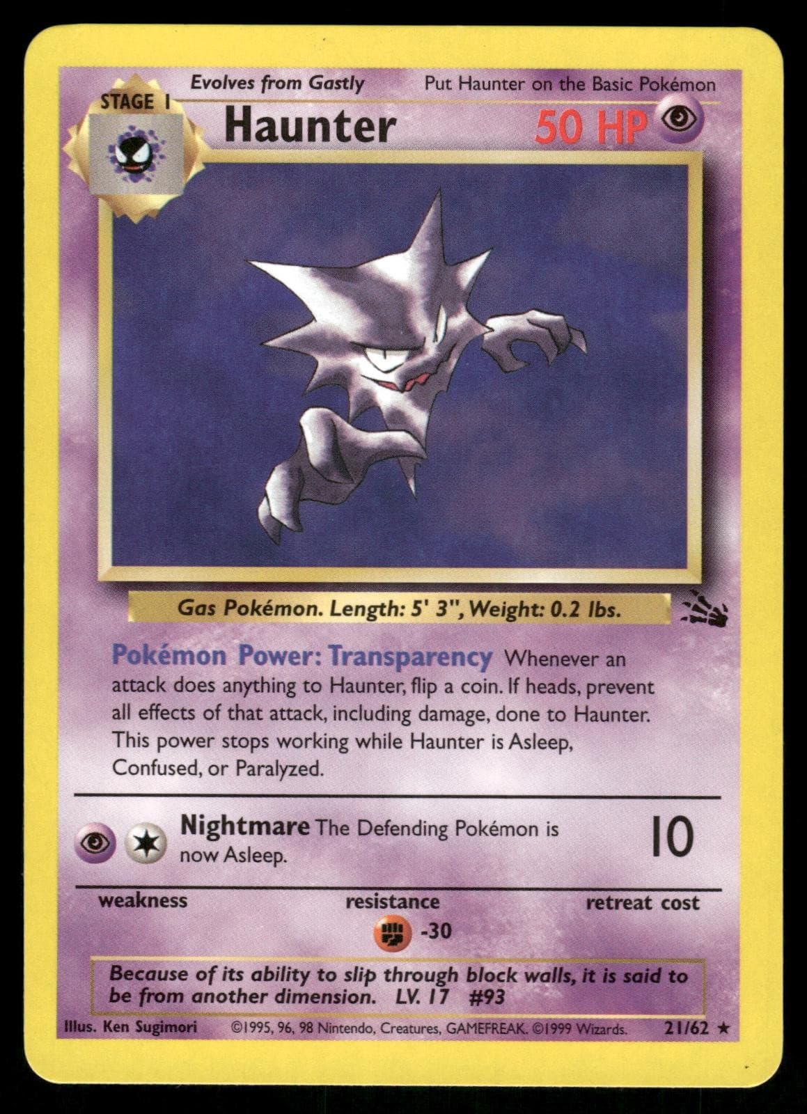 Haunter 21/62 Rare Fossil Pokemon Unlimited Near Mint
